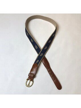 Preston Blue Hinckley Yachts Ribbon Belt Leather Tab Brass Buckle Size 38 USA